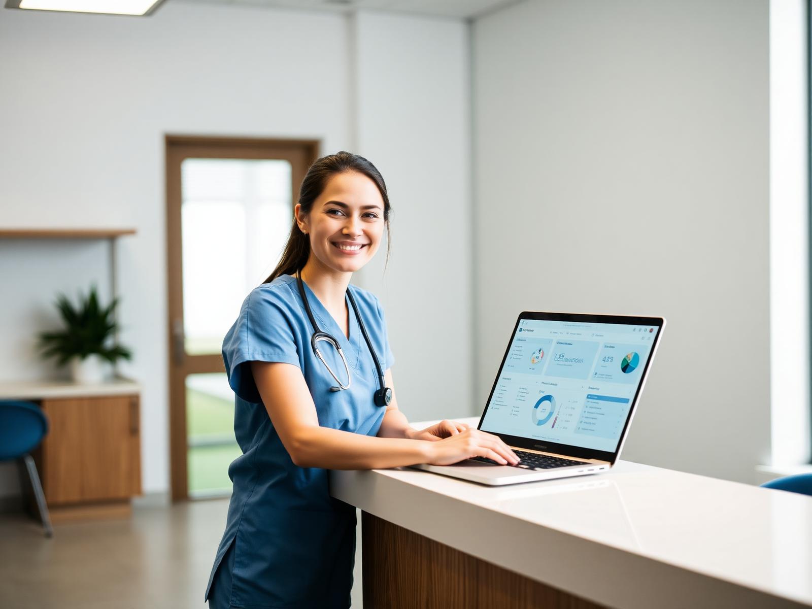 A medical receptionist working alongside a friendly staff dashboard