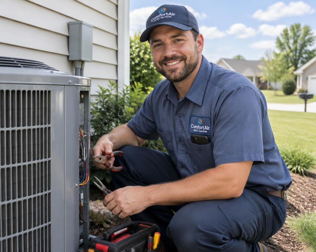 Technician smiling while servicing an air conditioner