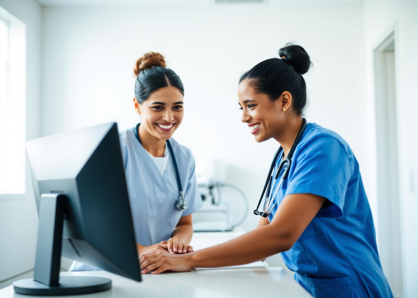 A clinical team reviewing a call handoff at a workstation